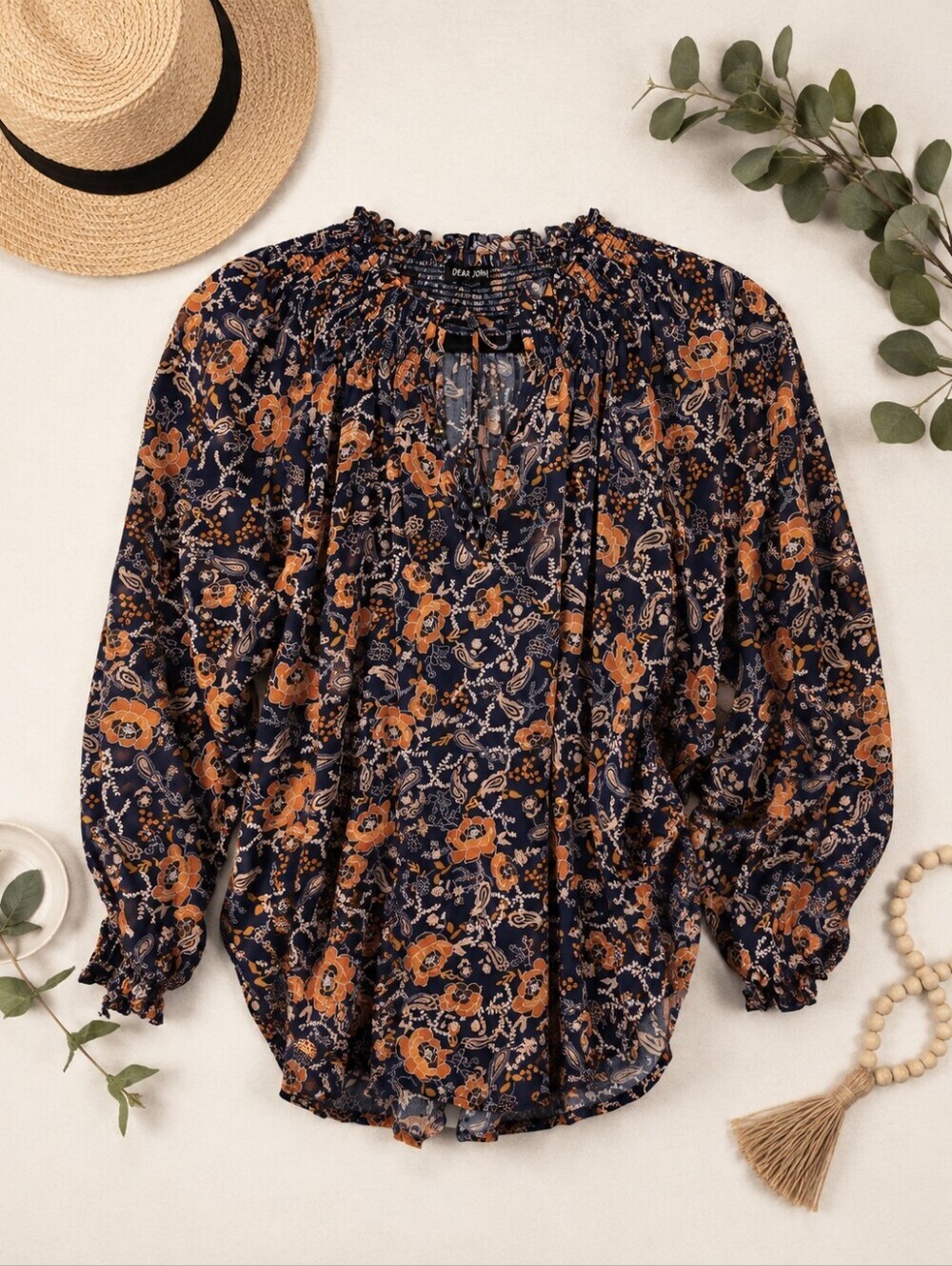 Dear John Navy Orange Floral Paisley Boho L sleeve Flowy Shirt. Ladies Small